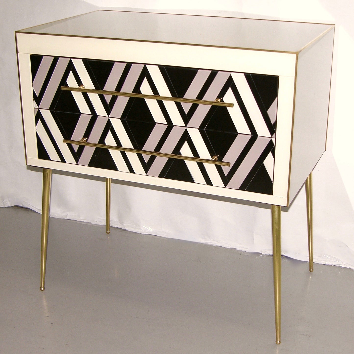 1990 Italian Graphic Pair of Geometric Black White Rose Gray Chests/ Side Tables - Cosulich Interiors & Antiques