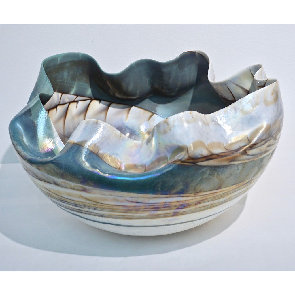 Huge Pair of Blue and Mother-of-Pearl White Murano Glass Iridescent Bowls - Cosulich Interiors & Antiques
