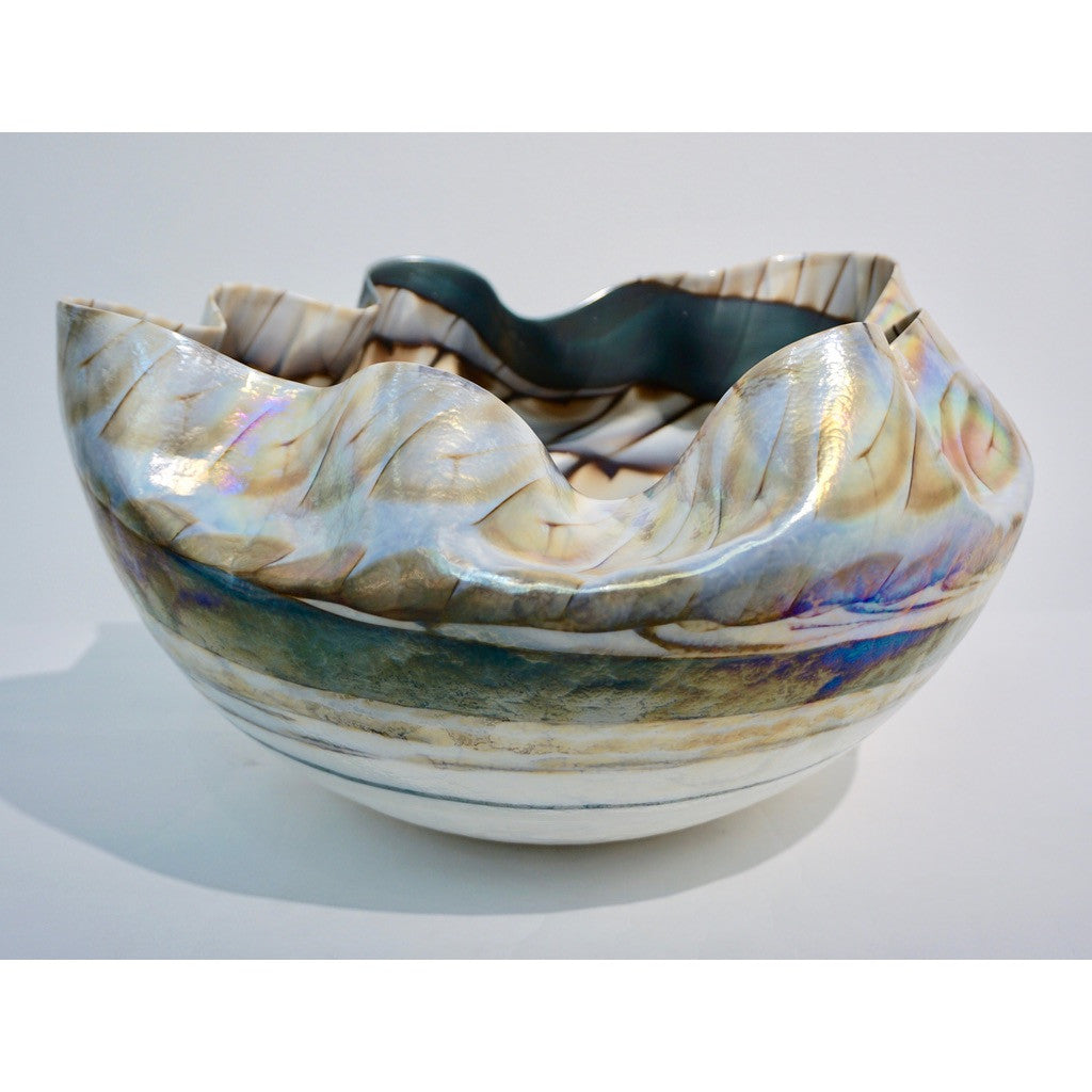 Huge Pair of Blue and Mother-of-Pearl White Murano Glass Iridescent Bowls - Cosulich Interiors & Antiques