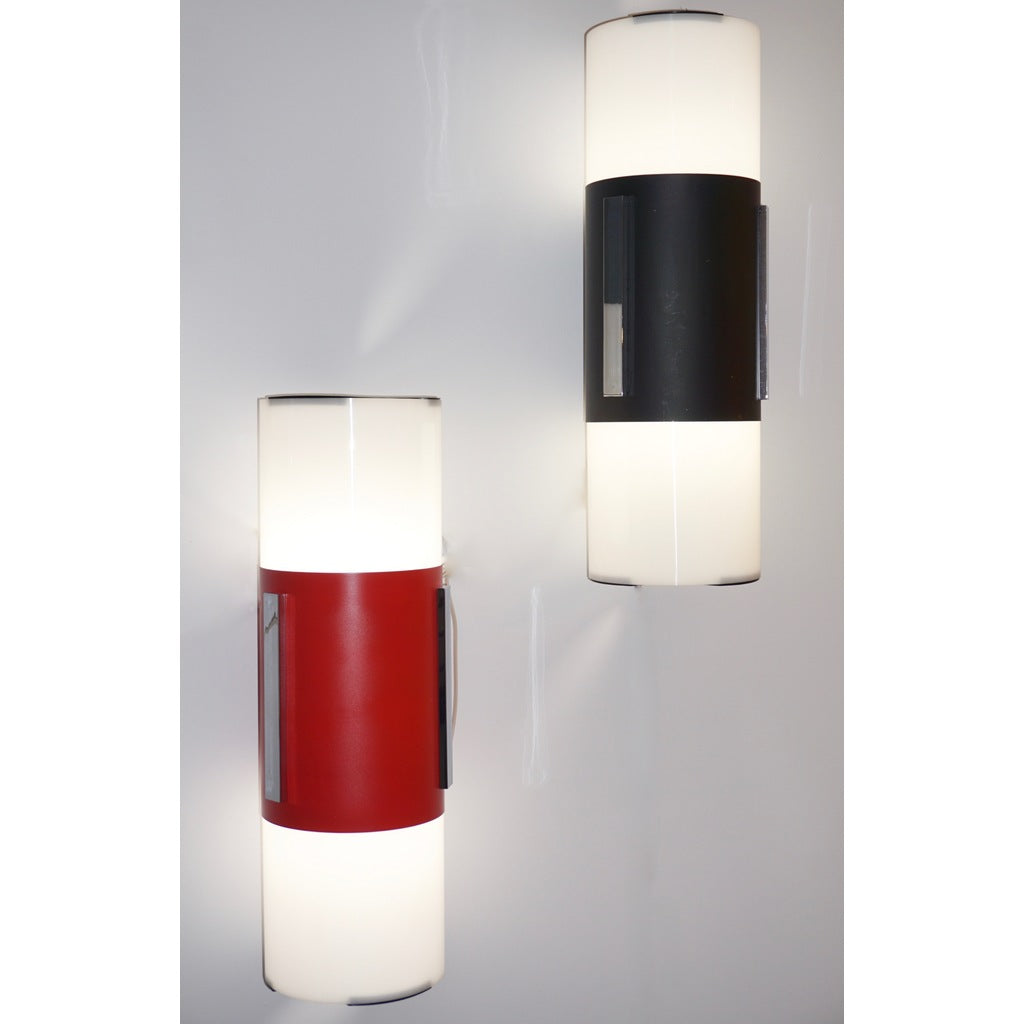 1960s Italian Minimalist Pair of Black/Red and White Tall Wall / Ceiling Lights