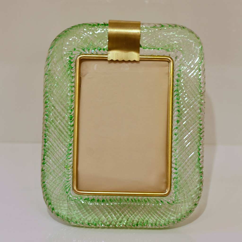 Venini 1980s Italian Vintage Emerald Green Murano Glass and Brass Picture Frame