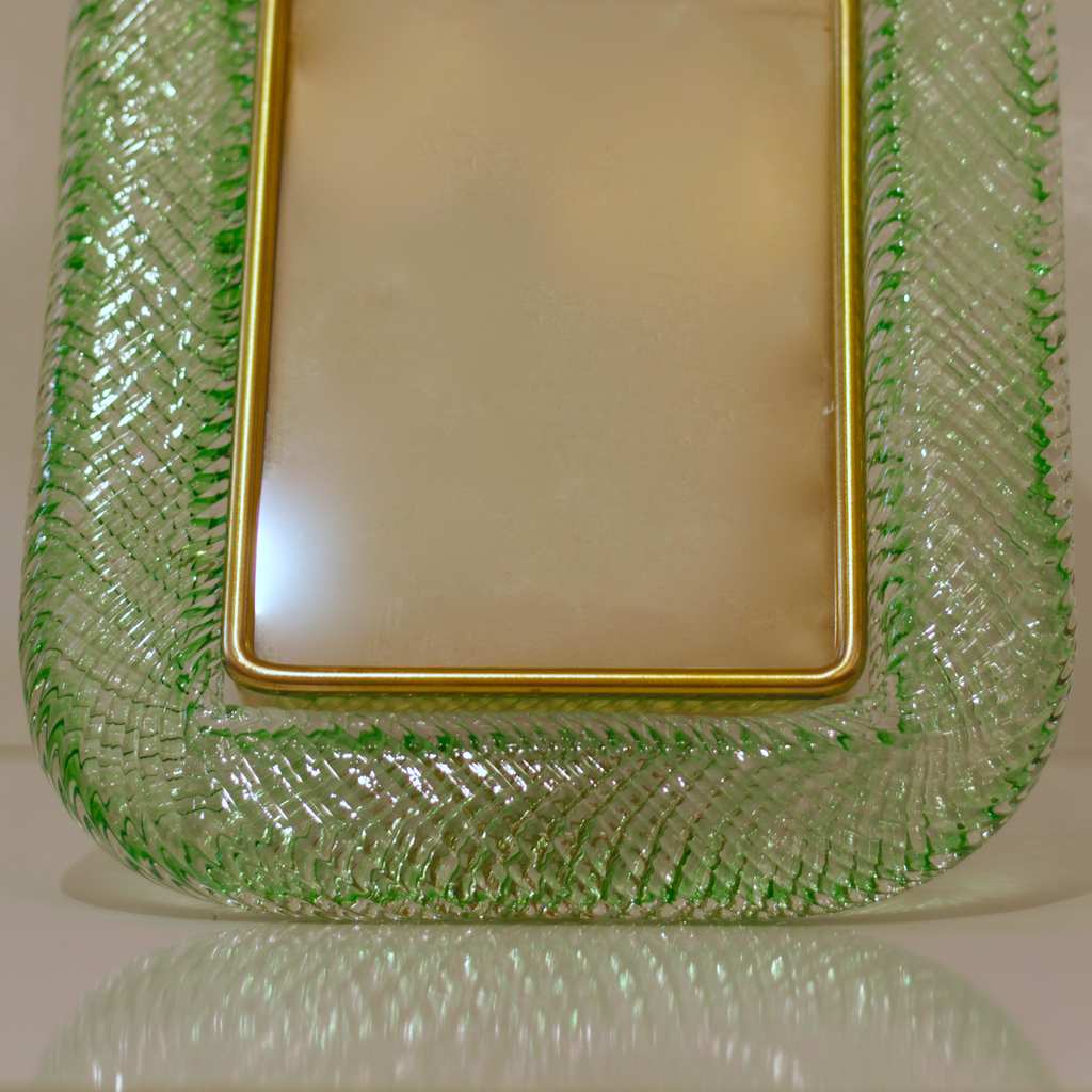 Venini 1980s Italian Vintage Emerald Green Murano Glass and Brass Picture Frame