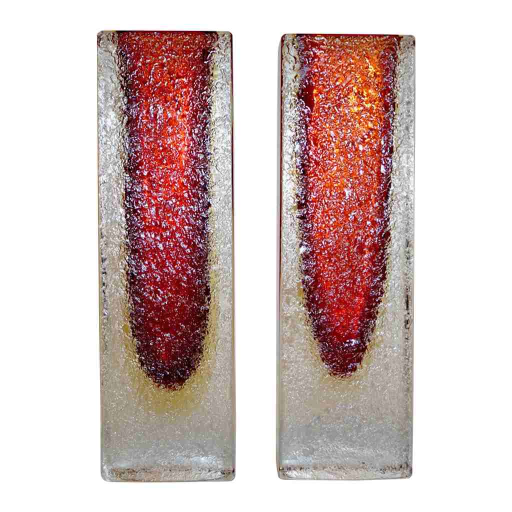 1950 Italian Pair of Organic Crystal, Yellow & Red Murano Art Glass Flower Vases - Cosulich Interiors & Antiques