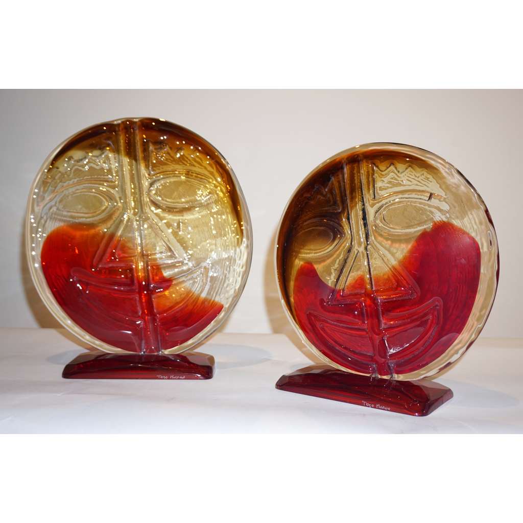 Cesare Toso 1970s Pair of Abstract Art Red and Amber Murano Glass Round Faces - Cosulich Interiors & Antiques