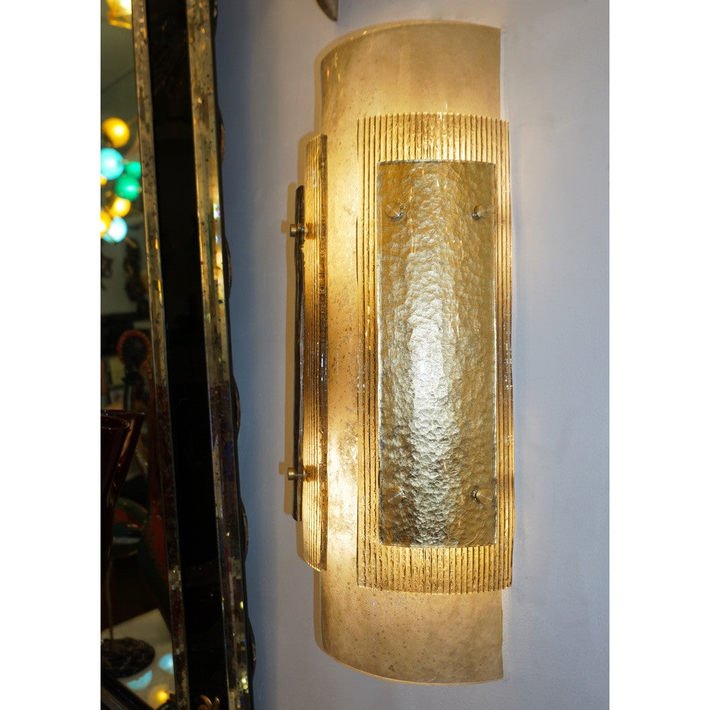 Italian Pair of Modern Gold, Smoked Gray and Frosted Ivory Murano Glass Sconces - Cosulich Interiors & Antiques