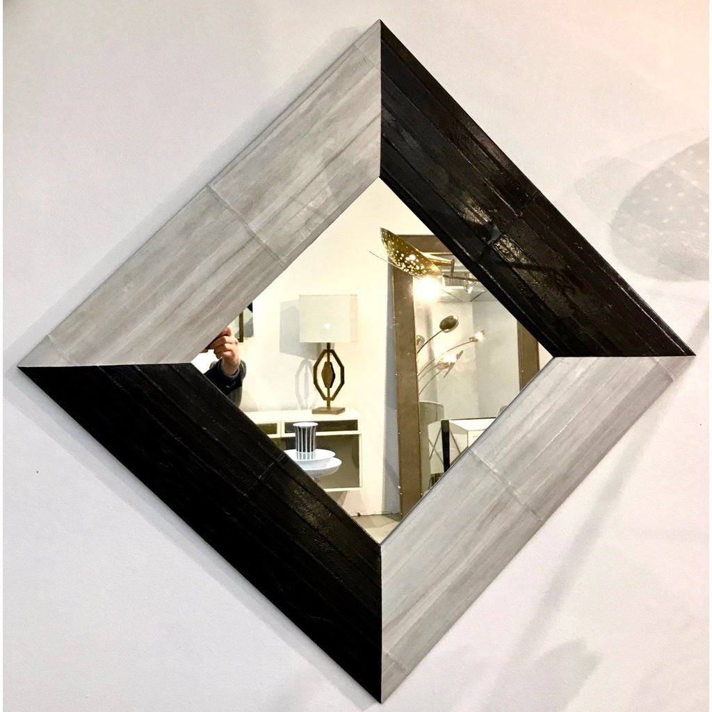 Contemporary Italian Square/Diamond Mirror in Black and Gray White Leather - Cosulich Interiors & Antiques