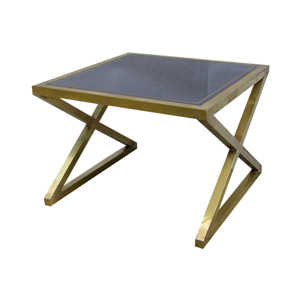 Italian Modern X-Frame Handcrafted Brass and Black Glass Coffee Table