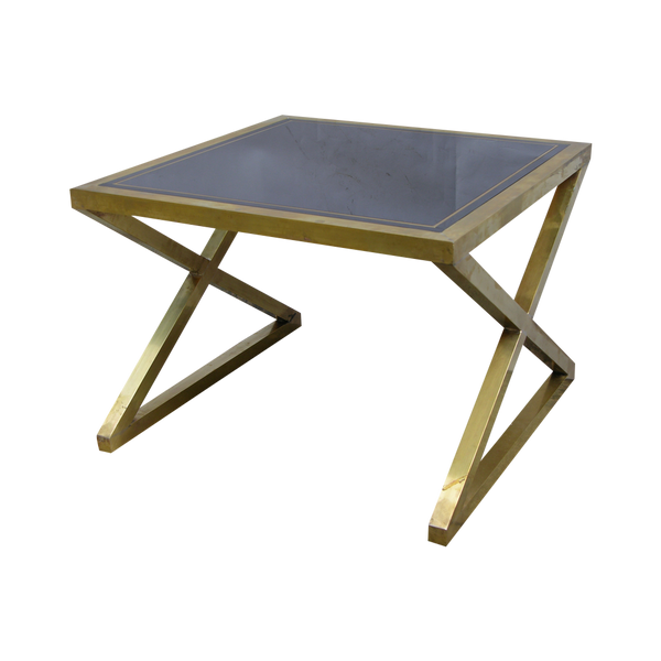 Italian Modern X-Frame Handcrafted Brass and Black Glass Coffee