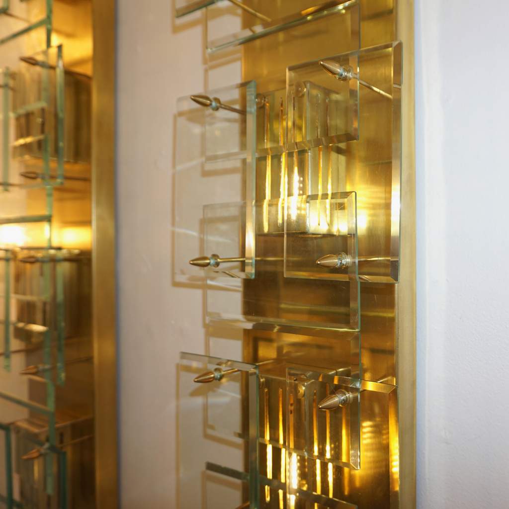 1980s Italian Pair of Modern Gold Brass Monumental Sconces with Aqua Tint Glass - Cosulich Interiors & Antiques
