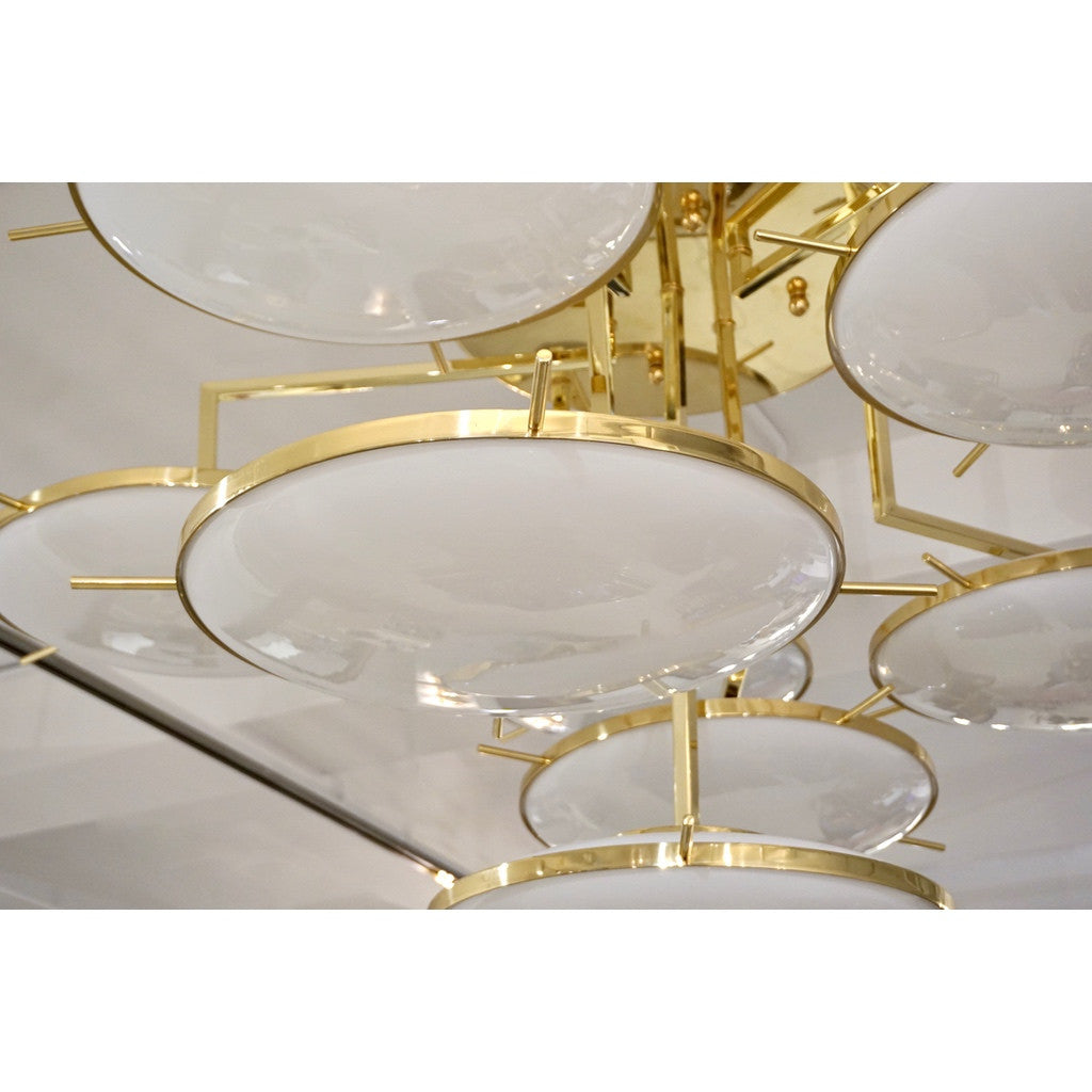 Italian Contemporary Multi Level Brass and White Murano Glass Disk Chandelier - Cosulich Interiors & Antiques