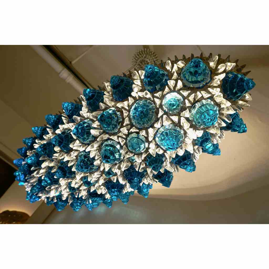 Contemporary Italian Turquoise Blue & Clear Glass Oval Silver Flush/Chandelier - Cosulich Interiors & Antiques