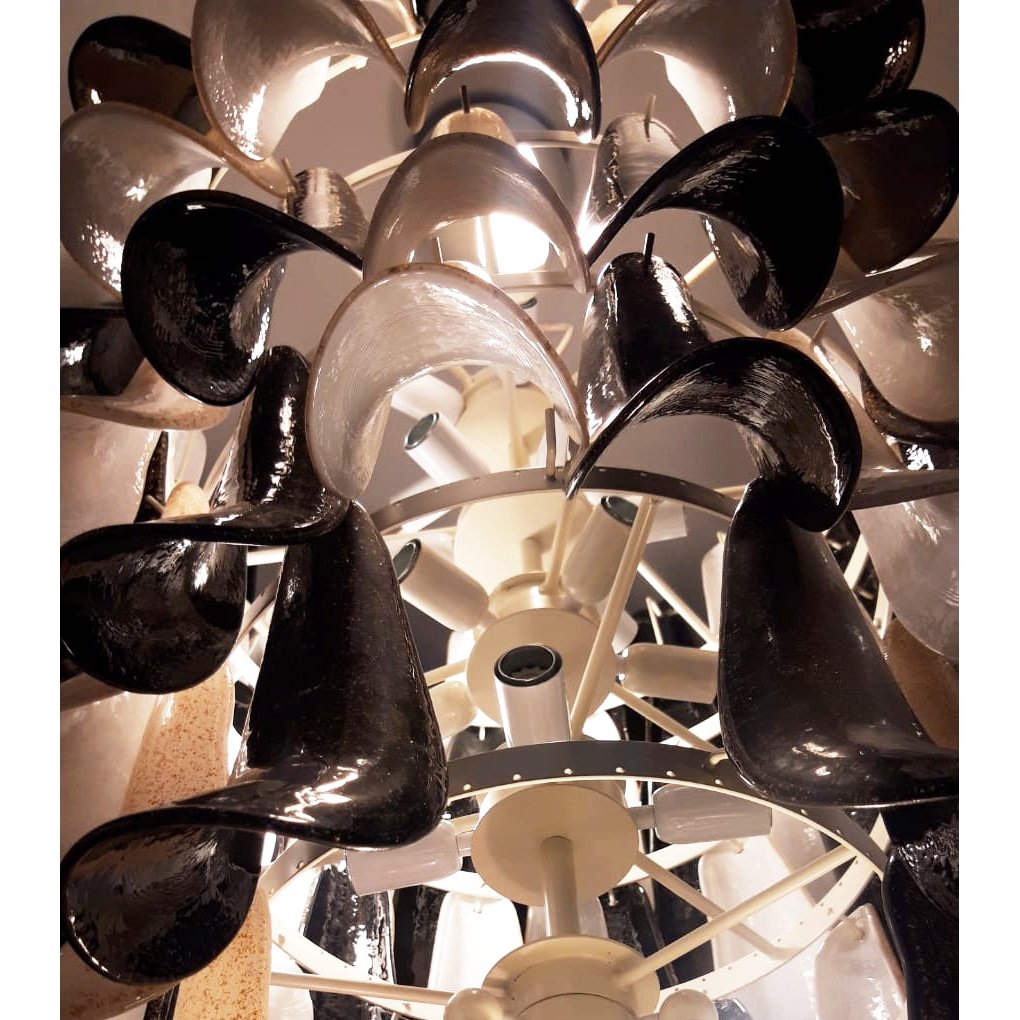 Italian Black White Murano Glass Petals Curved Leaves Tall Modern Chandelier