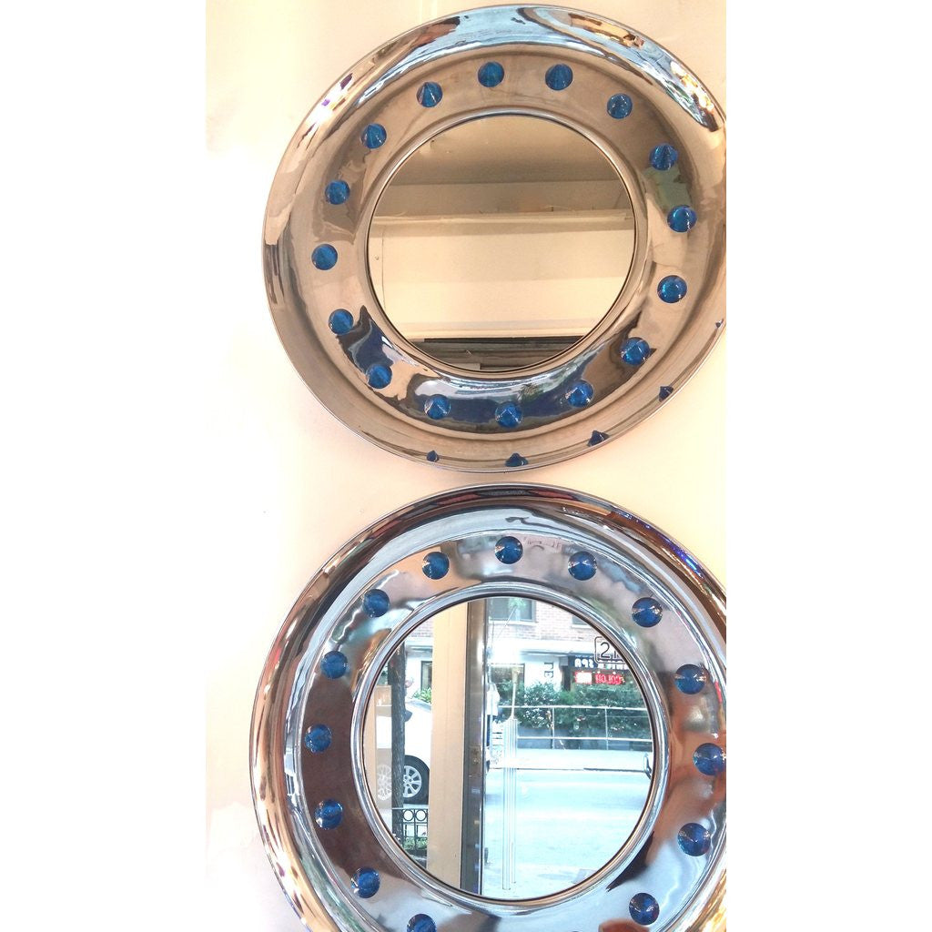 Contemporary Italian Modern Chromed Round Mirror with Jewel Like Blue Glass Spikes - Cosulich Interiors & Antiques