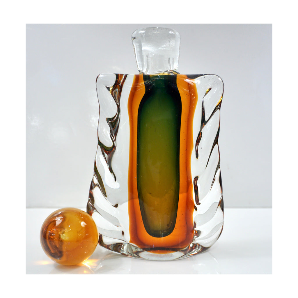 1950s Venini Vintage Italian Crystal Green Orange Layered Murano Glass Bottle