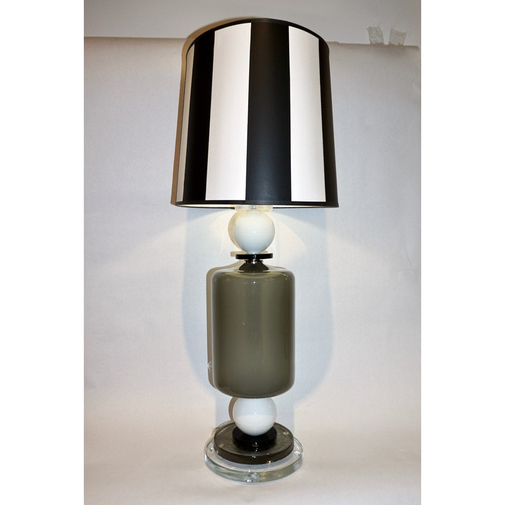 1980s Italian Geometric Pair of White Black and Silver Gray Murano Glass Lamps - Cosulich Interiors & Antiques