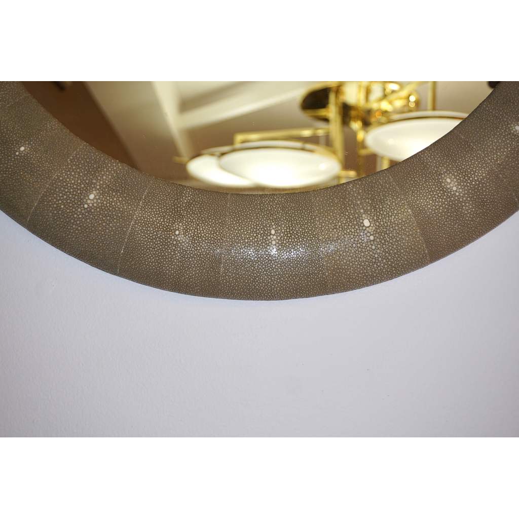 Italian Contemporary Round Mirror in Light Taupe Gray Shagreen - Cosulich Interiors & Antiques