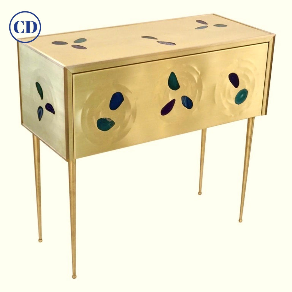 Bespoke Italian Design One Drawer Brass Console with Blue Green Purple Agate