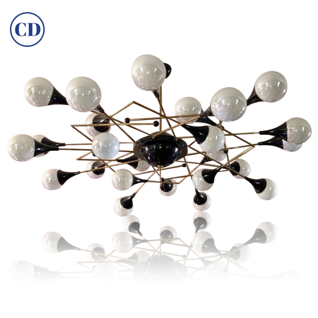 Bespoke Italian Geometric White Glass Black Lacquered Brass 24-Light Flushmount