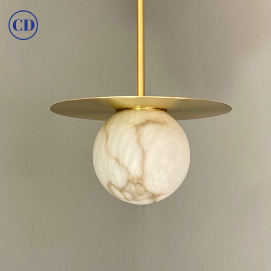 Contemporary Italian White Alabaster Moon Satin Brass Round Pendant by Matlight