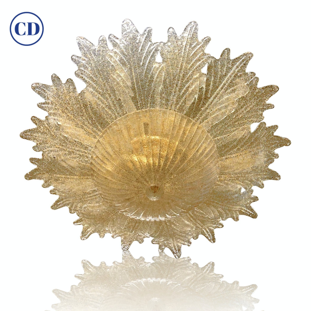 Contemporary Italian Custom Amber Textured Murano Glass Flower Flush Mount