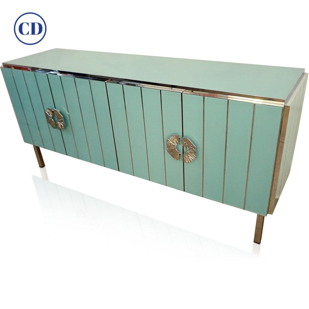 Contemporary Italian Art Deco Style Aqua Turquoise Glass Nickel Modern Cabinet