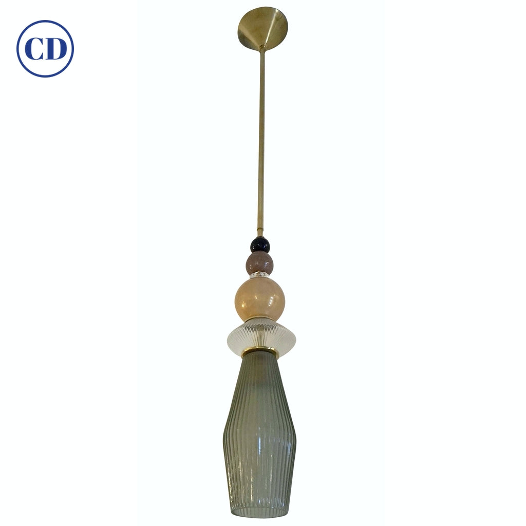 Custom Italian Crystal Gold and Gray Green Murano Glass Brass Pendant Light