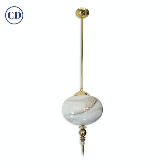 Bespoke Italian Brass and Cream White Alabaster Murano Glass Oval Pendant Light