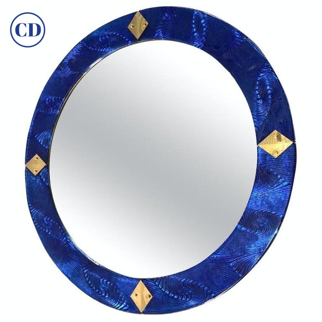 Bespoke Italian Custom Brass & Textured Cobalt Blue Murano Glass Round Mirror