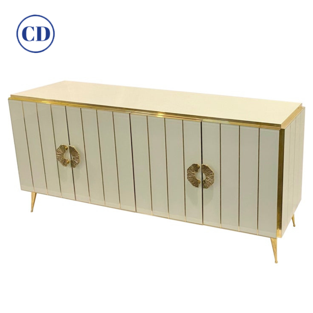 Customizable Italian Art Deco Style Ivory White Glass Brass Modern Cabinet