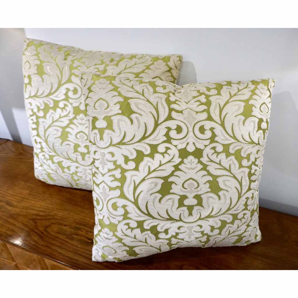 Contemporary French Green and Ivory White Damask Velvet Throw Pillows - Cosulich Interiors & Antiques