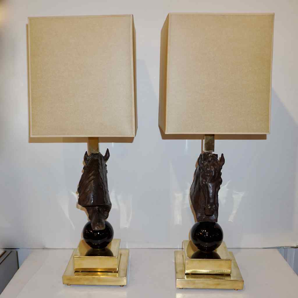Italian Design 1990s Horse Bronze Sculpture Black Glass Pair of Brass Lamps