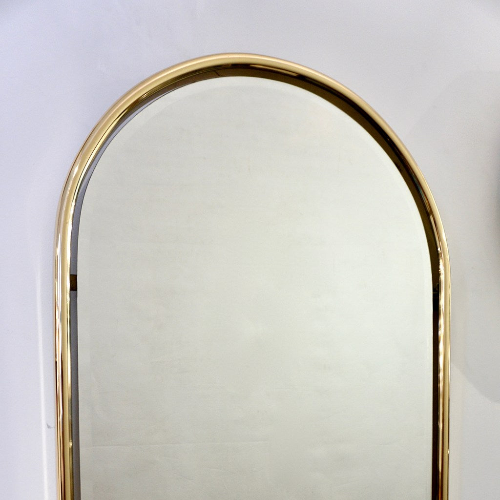 1960s Italian Minimalist Brass Floating Mirror with Round Arched Top Frame