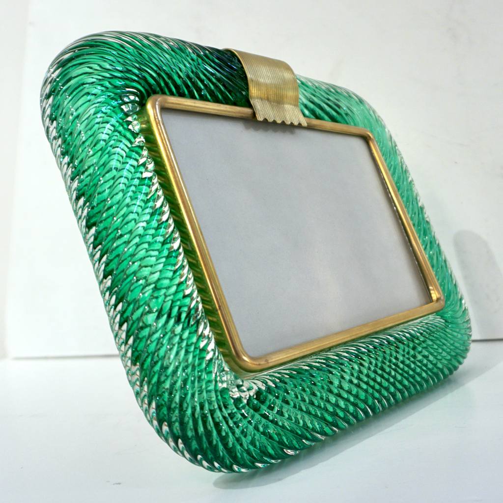 Venini 1980s Italian Vintage Emerald Green Murano Glass and Brass Photo Frame