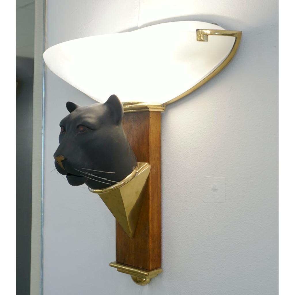 1950s Italian Art Deco Pair of Black Panther Bronze Frosted Glass Wall Lights