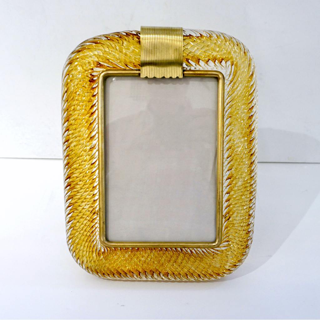 Venini 1980s Italian Vintage Tall Amber Gold Murano Glass and Brass Photo Frame