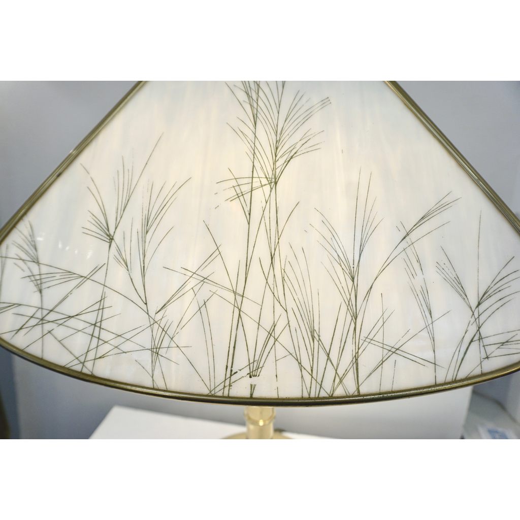 Poliarte 1960s Italian Feather Reed Grass & Bamboo Decor White Glass Brass Lamp