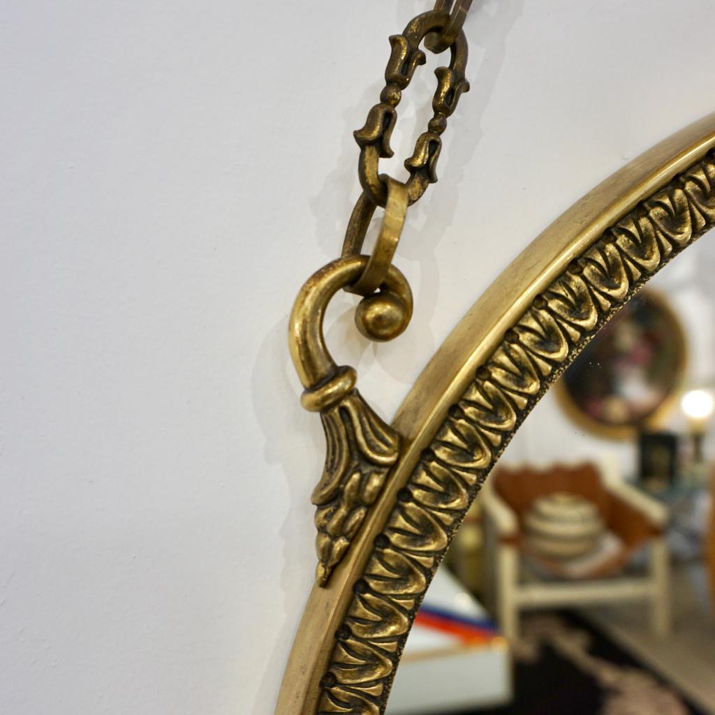 1950s Vintage Italian Chain Hanging & Chased Bronze Round Mirror with Knot