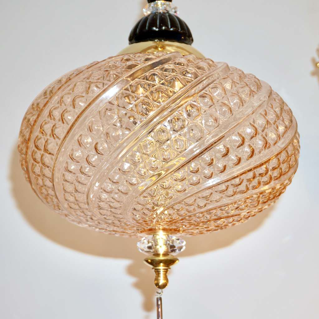 Bespoke Italian Horizontal Oval Black and Pink Murano Glass Brass Pendant Light