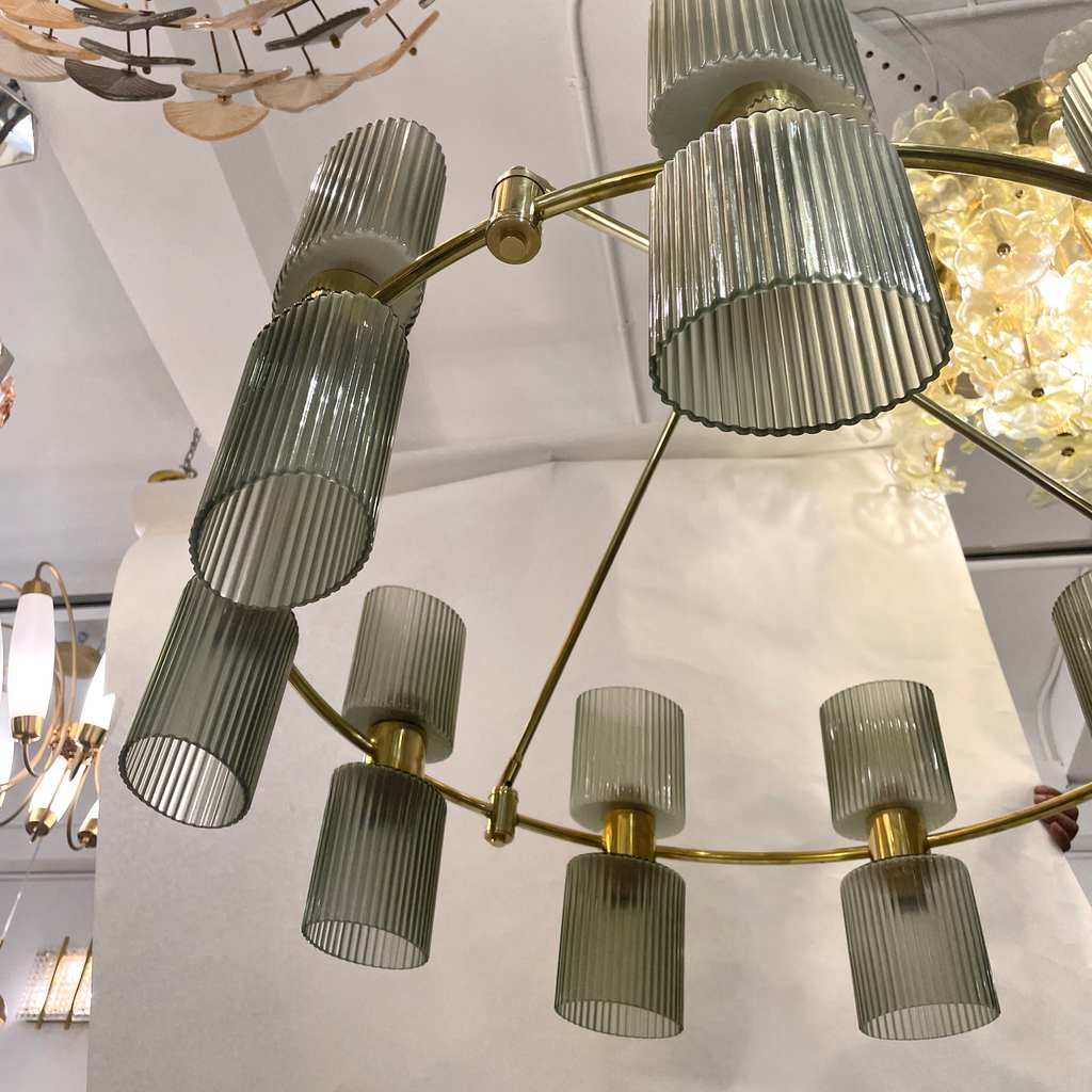 Italian Mid-Century Modern Design Smoked Green Murano Glass Brass Chandelier