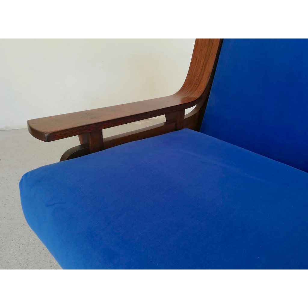 1960s Italian Pair Vintage Cobalt Blue Velvet Veneer Rosewood Modern Armchairs
