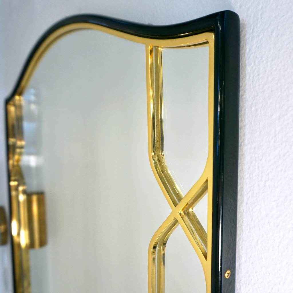 1970 Vintage Italian Art Deco Design Black Lacquered & Brass Fretwork Mirror