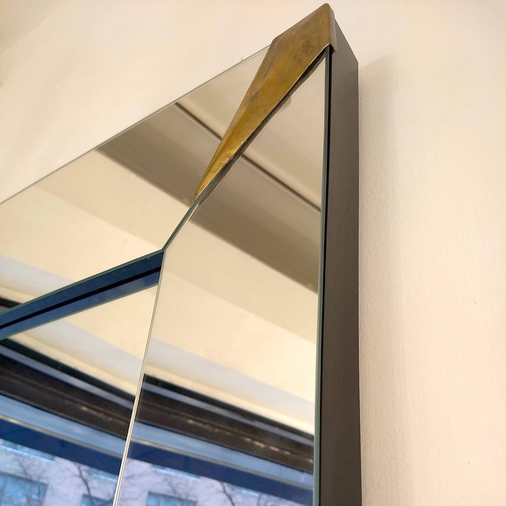 1960s Italian Vintage Minimalist Black Glass & Brutalist Brass Wall Mirror