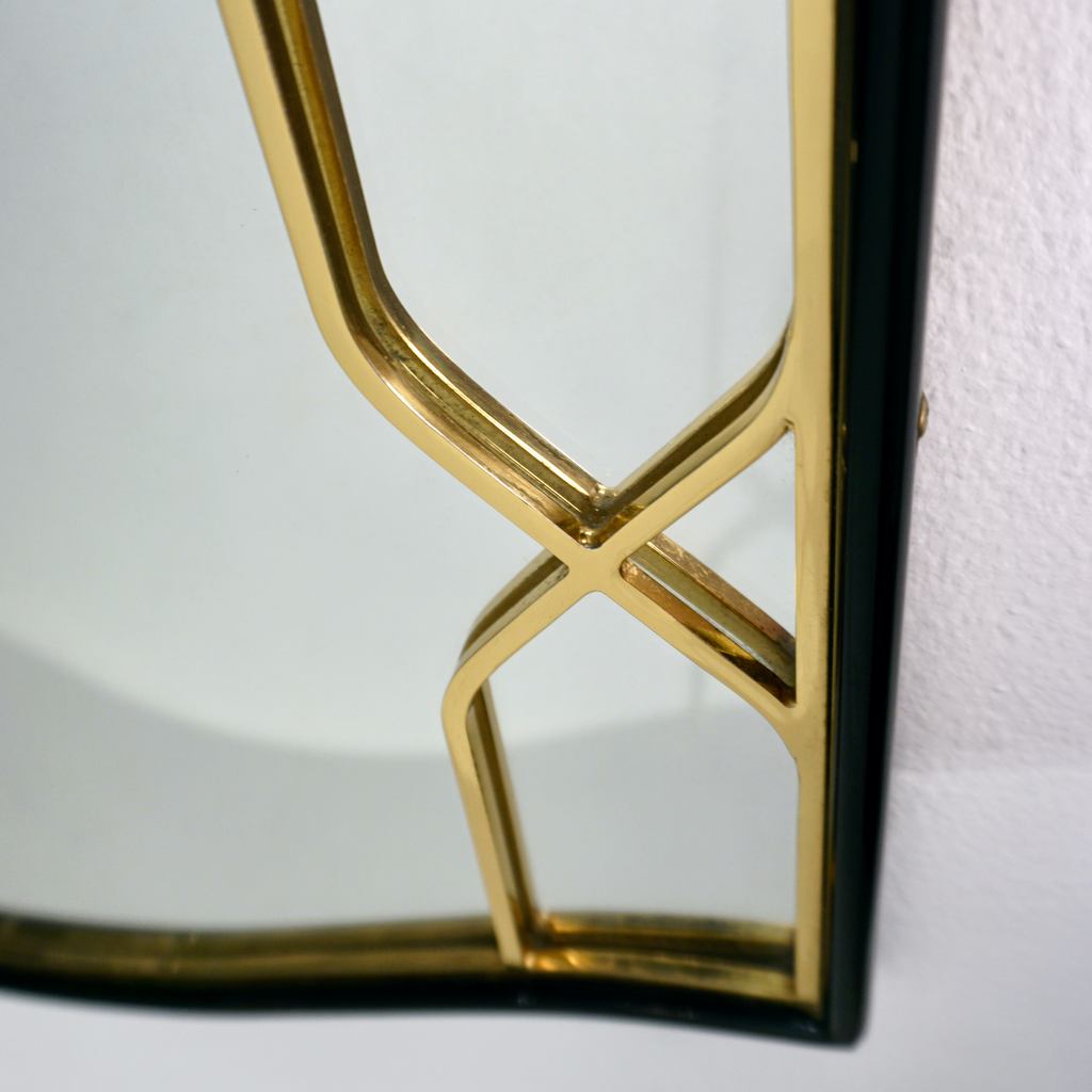 1970 Vintage Italian Art Deco Design Black Lacquered & Brass Fretwork Mirror