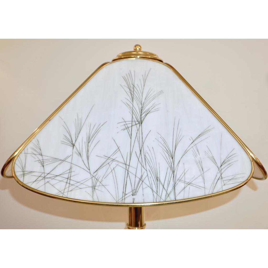 Poliarte 1960s Italian Feather Reed Grass & Bamboo Decor White Glass Brass Lamp