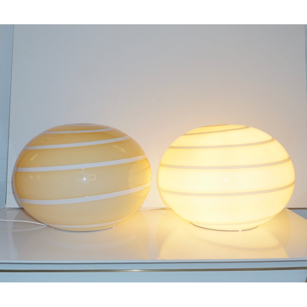 1990s Italian Mid-Century Modern Pair of White & Cream Globe Sphere Glass Lamps