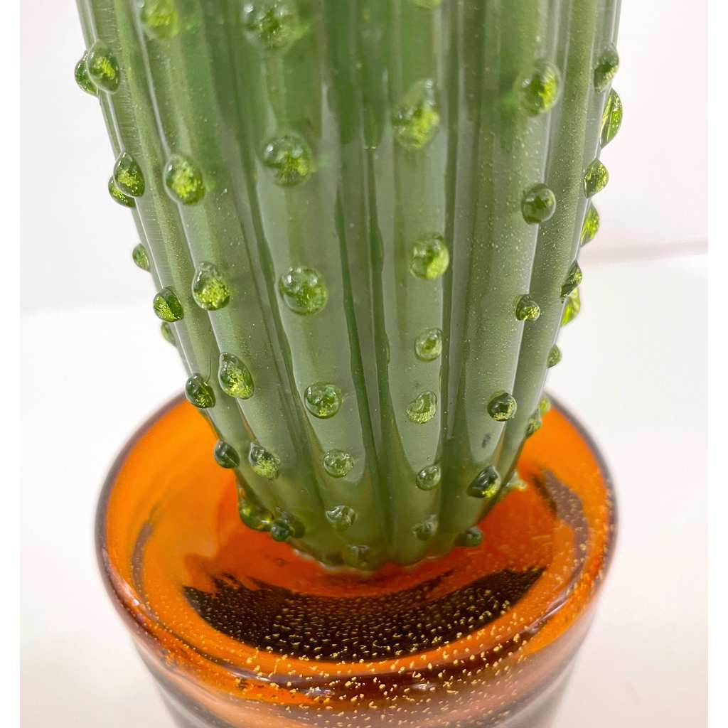 1990s Vintage Italian Green Murano Glass Tall Cactus Plant with Orange Flower
