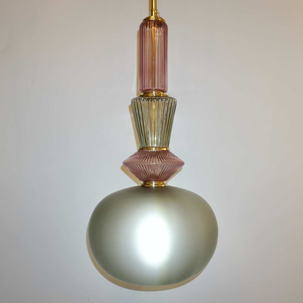 Bespoke Italian Organic Amethyst Gray Green Murano Glass Brass Pendant Light