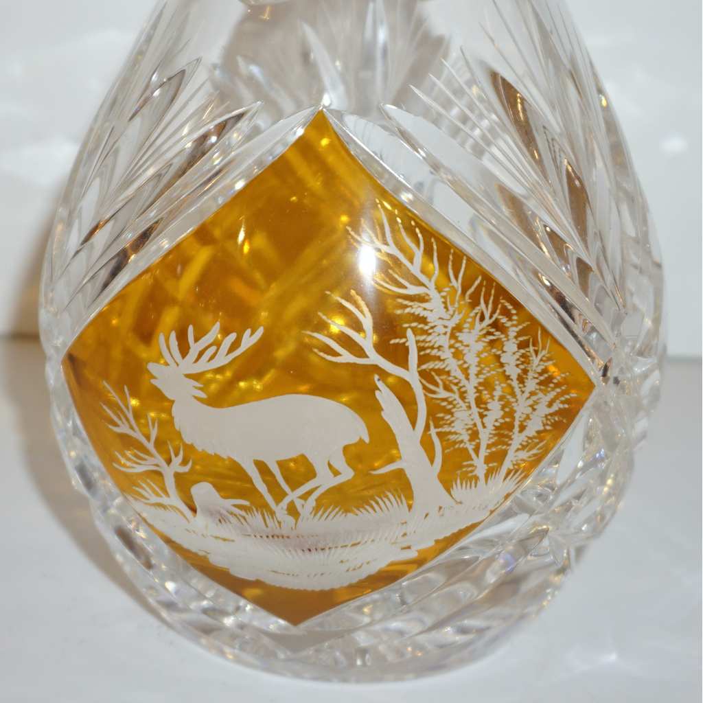 1970s Vintage Austrian Animal Engraved Overlaid Gold Amber Glass Liqueur Bottle