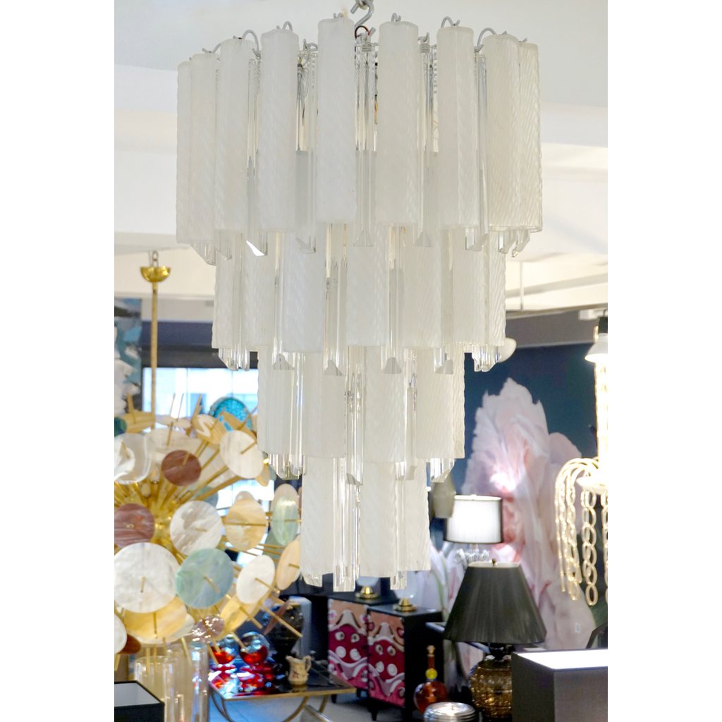 Venini 1960s Cylinder Crystal and White Murano Glass Round Chandelier on Nickel
