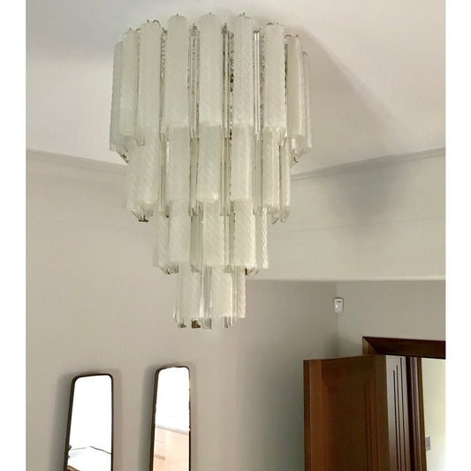 Venini 1960s Cylinder Crystal and White Murano Glass Round Chandelier on Nickel